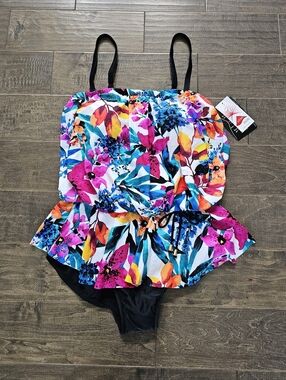Brand New Tropical Floral Peplum One-Piece Swimsuit Vibrant Multicolor Sz 14